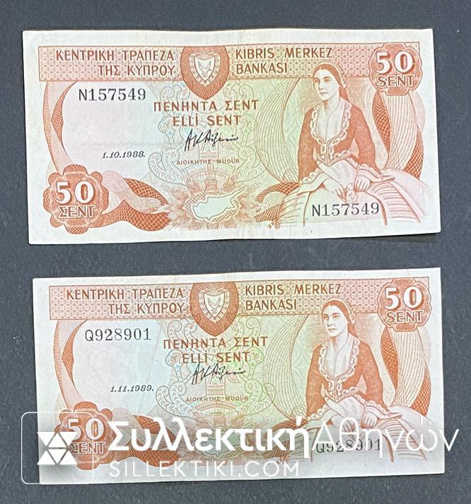 CYPRUS 2 X 50 Cents 1988 and 1989 XF